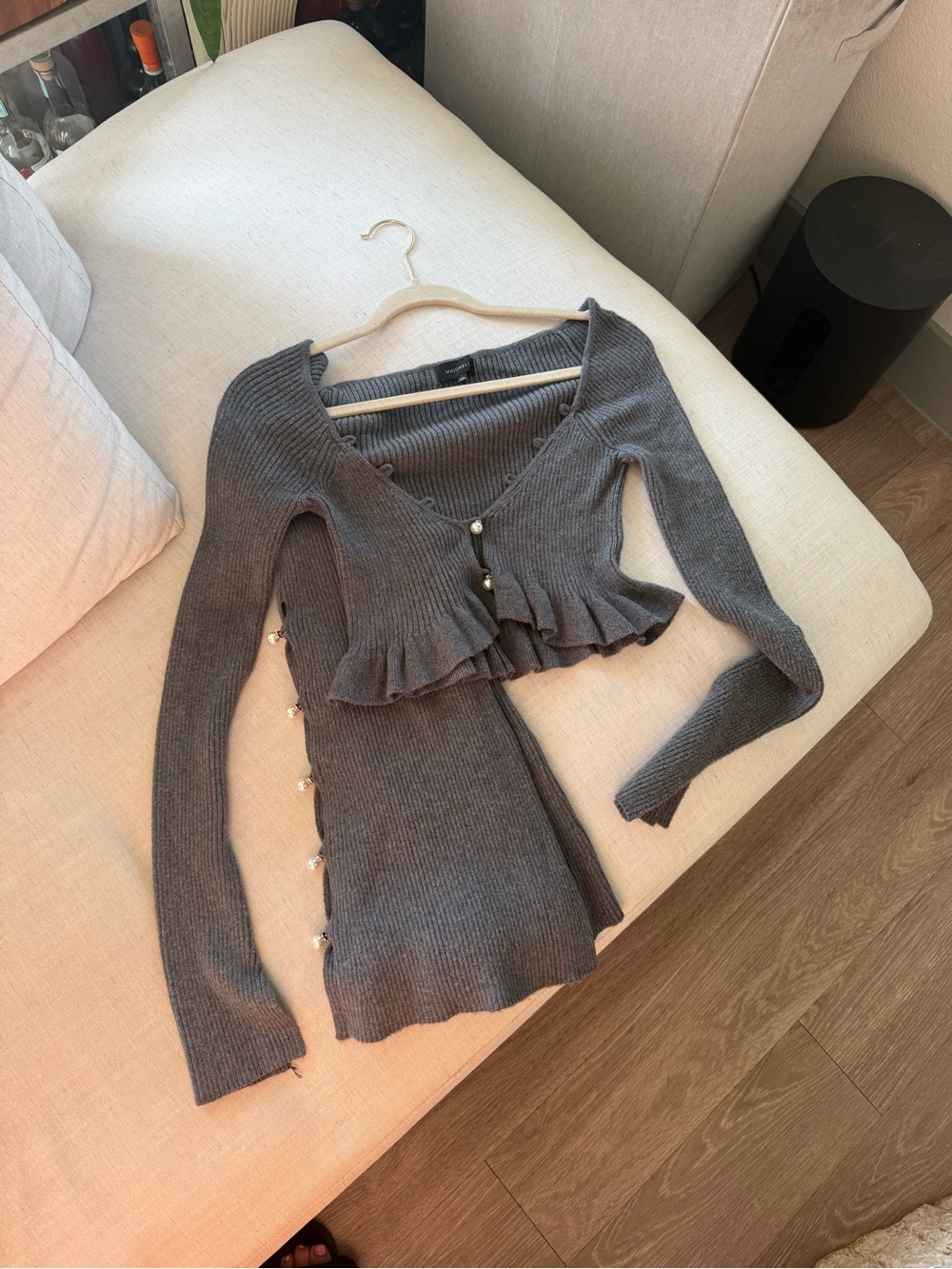 MAJORELLE Charcoal Gray Ribbed Pearl-Button Cropped Cardigan